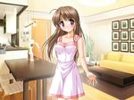  bekkankou blush brown_eyes brown_hair chair couch dress flower fujieda_honami game_cg kitchen long_hair smile solo standing table tsuki_wa_higashi_ni_hi_wa_nishi_ni 