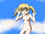  artist_request blonde_hair breasts brown_eyes day minami_kaede nipples nude one_eye_closed sky small_breasts solo twintails wagamama_fairy_mirumo_de_pon! 