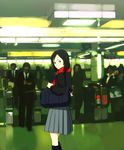  ariko black_hair brown_eyes fare_gate long_hair long_sleeves looking_back necktie original photo_background scarf solo_focus subway_station time tote_bag 