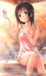  autumn autumn_leaves brown_hair goto_p leaf maple_leaf naked_towel onsen original outdoors red_eyes solo sunny_(goto_p) towel wet 