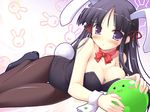  animal_ears between_breasts black_hair blush breasts bunny_ears bunnysuit cleavage happiness! ko~cha large_breasts lighter looking_at_viewer pantyhose purple_eyes solo takamine_koyuki 