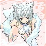  .hack//tasogare_no_udewa_densetsu 1girl animal_ears artist_request bent_over breasts collar earrings hoop_earrings jewelry large_breasts lowres oekaki ouka_(.hack//) silver_hair smile solo tail tattoo wolf_ears 