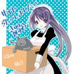  :d box cardboard_box cat kirino_kasumu long_hair long_sleeves maid open_mouth original purple_eyes purple_hair smile solo 