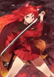  1girl animal_ear_fluff animal_ears bare_legs closed_mouth gradient_hair highres holding holding_sword holding_weapon legs_apart long_eyebrows long_sleeves looking_at_viewer multicolored_hair original red red_hair serious solo standing sword third-party_source v-shaped_eyebrows weapon 