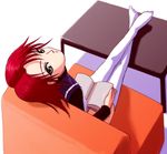 artist_request book chair green_eyes long_sleeves looking_up my-hime red_hair sitting solo table thighhighs white_legwear yuuki_nao 