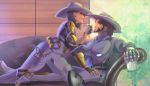  1boy 1girl alcohol ashe_(overwatch) ayumaou beard black_nails boots breastplate brown_hair chaps cigar couch cowboy_hat day drink earrings facial_hair girl_on_top glass hat hetero jewelry knee_pads looking_at_another mccree_(overwatch) mechanical_arm nail_polish overwatch recliner red_eyes short_hair shoulder_armor silver_hair skull_earrings smoking spaulders thigh_boots thighhighs 