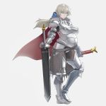  1girl armor bow breasts cape commentary_request full_body grey_background grey_hair hair_bow hand_on_hilt heel_raised impossible_armor impossible_clothes large_breasts long_hair looking_at_viewer mikoyan original pregnant simple_background sketch solo standing sword weapon 
