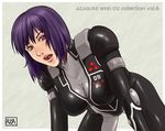  all_fours azasuke bent_over black_bodysuit bodysuit breasts cleavage ghost_in_the_shell grey_bodysuit kusanagi_motoko large_breasts open_mouth purple_hair red_eyes short_hair signature solo 