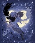  1girl blue_eyes boots brown_hair carrying copyright_request flying hair_over_one_eye heart knee_boots messa moon moonlight night princess_carry short_hair skirt star white_hair wings 