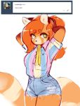  ailurid anthro brown_fur clothed clothing english_text female fully_clothed fur green_eyes hair lizombie mammal orange_fur red_hair red_panda simple_background solo tan_fur text torn_clothing white_background xiao_yue 