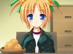  bell blue_eyes food fruit game_cg inuzumi_masaki kinokuniya_koneko long_sleeves mandarin_orange nusunde_my_heart solo twintails 