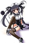  :d black_hair duplicate garter_straps gloves hair_ribbon kooh long_hair maid open_mouth pangya red_eyes ribbon shoes smile sneakers solo souryuu spiked_mace thighhighs twintails 