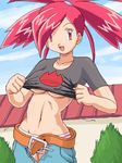  asuna_(pokemon) babydoll_t-shirt belt breasts crop_top day gym_leader happy large_breasts lowres midriff no_bra open_fly outdoors panties pink_eyes pink_hair pink_panties pokemoa pokemon pokemon_(game) pokemon_rse quad_tails shirt shirt_lift solo striped striped_panties t-shirt underboob underwear undressing unzipped zipper 