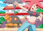  asuna_(pokemon) babydoll_t-shirt belt breasts clenched_hand crop_top day fire gen_2_pokemon gen_3_pokemon gym_leader medium_breasts midriff open_mouth outdoors outstretched_arm outstretched_hand pants pink_eyes pink_hair pokemoa pokemon pokemon_(creature) pokemon_(game) pokemon_rse quad_tails reaching slugma smoke torkoal typhlosion wynaut 