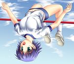  arched_back athlete cloud day game_cg gym_uniform high_jump midriff mitsumi_misato navel open_mouth sky solo sport sweat to_heart_2 tonami_yuma track_and_field upside-down 