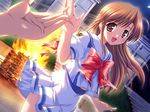  bekkankou brown_eyes brown_hair fujieda_honami game_cg school_uniform serafuku solo tsuki_wa_higashi_ni_hi_wa_nishi_ni 