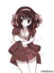  breasts cleavage hairband long_sleeves medium_breasts monochrome ouendan red short_hair skirt solo suzumiya_haruhi suzumiya_haruhi_no_yuuutsu watsuki_ayamo 