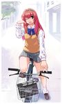  absurdres bicycle green_(game) green_eyes ground_vehicle highres long_sleeves mizuno_makoto_(green) one_eye_closed pink_hair ryoji_(nomura_ryouji) school_uniform solo sweater sweater_vest vest 