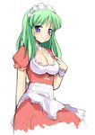  breasts cleavage copyright_request green_hair large_breasts purple_eyes sikorsky smile solo waitress 