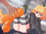  boots character_request forest_(liar-soft) game_cg grey_legwear leather long_sleeves miniskirt orange_footwear panties pink_panties skirt solo_focus striped striped_legwear thighhighs underwear zettai_chikyuu_boueiki_mega_laughter zipper 