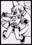  :d akazutsumi_momoko ankle_boots artist_request bare_shoulders belt boots bow dress full_body greyscale hair_bow hyper_blossom kirigami long_hair looking_at_viewer monochrome open_clothes open_mouth open_vest outstretched_arm ponytail powerpuff_girls_z simple_background smile solo uniform very_long_hair vest white_background 
