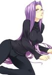  breasts cameltoe fate/stay_night fate_(series) glasses large_breasts long_hair long_sleeves mizuki_makoto pants pink_eyes purple_hair rider solo tight tight_pants very_long_hair 