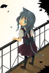  :d animal_ears aqua_eyes back black_legwear cat_ears cat_tail grey_hair ikura_hato leaf looking open_mouth original pantyhose railing ribbon smile solo tail 