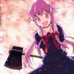  axe blood gasai_yuno long_hair lowres mirai_nikki purple_hair red_eyes solo staring takahata_yuki weapon yandere 