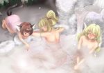  animal_ears barefoot blonde_hair brown_hair cat_ears cat_tail chen earrings fingernails fox_tail jewelry long_fingernails multiple_girls multiple_tails naked_towel nanami_sano no_hat no_headwear nude onsen ponytail short_hair tail touhou towel yakumo_ran yakumo_yukari 