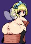  1girl animated animated_gif anus asking_for_it blonde_hair bluelab breasts fairy from_behind hair_ornament looking_back lowres milkyquest nude pixel_art pointy_ears presenting purple_eyes pussy sitting smile solo uncensored wings 