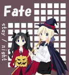  aqua_eyes artist_request artoria_pendragon_(all) black_hair blonde_hair blue_eyes blush cape copyright_name fate/stay_night fate_(series) gloves halloween hat jack-o'-lantern long_hair long_sleeves multiple_girls pumpkin saber short_hair skirt smile toosaka_rin two_side_up witch_hat 