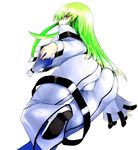  akahoshi_kenji ass bodysuit boots c.c. code_geass green_hair long_hair long_sleeves solo straitjacket white_bodysuit yellow_eyes 