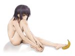  1girl banana black_hair commentary_request esan_(llamaesan) food fruit leg_up medium_hair nude original shadow sitting solo white_background 