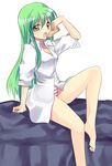  barefoot bottomless c.c. code_geass dress_shirt feet food green_hair holding_pizza long_hair panties pizza red_panties shirt slice_of_pizza solo striped striped_panties subaru_(yachika) thighs toes underwear 