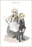  blonde_hair green_eyes gun handgun long_hair long_sleeves maid multiple_girls original pistol pump_action red_eyes rifle school_uniform seo_tatsuya short_hair shotgun thighhighs weapon white_hair 