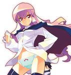  black_legwear bottomless bow bow_panties cape frilled_panties frills green_panties long_hair long_sleeves louise_francoise_le_blanc_de_la_valliere no_pants panties pink_eyes pink_hair ryuuta_(msxtr) solo thighhighs underwear zero_no_tsukaima 