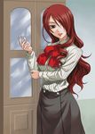  bow hair_over_one_eye hida_tatsuo kirijou_mitsuru long_hair long_sleeves persona persona_3 red_hair ribbon school_uniform solo 