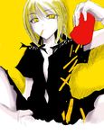  artist_request artoria_pendragon_(all) blonde_hair casual fate/stay_night fate_(series) food french_fries open_clothes open_shirt saber_alter shirt short_hair solo yellow_eyes 
