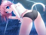  1girl against_fence animal_ears ass bent_over black_panties blue_eyes camisole cat_ears chain-link_fence faye_mcclintock fence game_cg inuzumi_masaki looking_back natsume_eri nekokawaigari night open_mouth outdoors panties pink_hair short_hair solo striped striped_panties underwear 