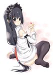  black_eyes black_hair black_legwear bonnet cake date_(senpen) detached_sleeves eating feet food food_on_face fruit kou_(wagaya) long_hair long_sleeves looking_back no_shoes pastry sitting solo sponge_cake strawberry strawberry_shortcake thighhighs very_long_hair wagaya_no_oinari-sama wariza 