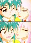  90s blue_eyes bokuseiinmonzeninari_sakura cheek-to-cheek green_hair hyper_police licking lips lowres multiple_girls non-web_source one_eye_closed pink_hair sasahara_natsuki_(hyper_police) screencap tongue yuri 