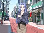  blue_hair blush caster casual elf fate/hollow_ataraxia fate/stay_night fate_(series) game_cg long_hair long_skirt long_sleeves pointy_ears skirt solo takeuchi_takashi tan_skirt 