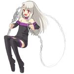  :d blush_stickers boots chain collar cosplay dress fate/stay_night fate_(series) full_body illyasviel_von_einzbern long_hair nameless_dagger open_mouth red_eyes rider rider_(cosplay) simple_background smile solo strapless strapless_dress thigh_boots thighhighs white_hair yu_65026 zettai_ryouiki 