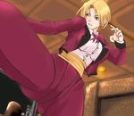  blonde_hair blue_eyes bow bowtie formal king_(snk) long_sleeves mokusa pant_suit ryuuko_no_ken short_hair snk solo suit the_king_of_fighters tuxedo 