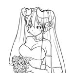  artist_request astaroth_(shinrabanshou) black_sclera bouquet bridal_veil bride crown dress earrings elbow_gloves flower gloves greyscale heart heart_earrings horns jewelry lineart monochrome necklace pearl_necklace pointy_ears shinrabanshou smile solo veil wedding_dress 