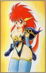  90s armor blue_legwear dragon_girl dragon_half dragon_horns dragon_tail horns long_hair mink_(dragon_half) mita_ryuusuke pauldrons red_eyes red_hair smile solo tail tail_raised thighhighs yellow_background 