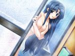  aikagi bath blue_eyes blue_hair blush breasts frosted_glass game_cg nude showering solo suzuhira_hiro yamagishi_megumi 