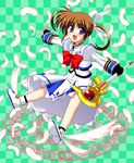  bow checkered checkered_background feathers fingerless_gloves gloves green_background happy highres lask long_sleeves lyrical_nanoha magazine_(weapon) magic_circle magical_girl mahou_shoujo_lyrical_nanoha mahou_shoujo_lyrical_nanoha_a's octagram purple_eyes raising_heart red_bow red_hair shoes solo star_of_lakshmi takamachi_nanoha twintails winged_shoes wings 