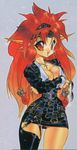  90s asymmetrical_clothes belt breasts cleavage cross dragon_girl dragon_half dragon_horns formal hair_ornament headband horns jewelry large_breasts latin_cross long_hair long_sleeves miniskirt mink_(dragon_half) mita_ryuusuke necklace pencil_skirt red_eyes red_hair single_thighhigh skirt skirt_suit solo suit sunglasses thighhighs 