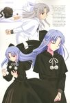  half_updo highres len long_sleeves melty_blood multiple_girls pointy_ears purple_hair red_eyes ribbon scan skirt takeuchi_takashi translation_request tsukihime white_hair white_len 